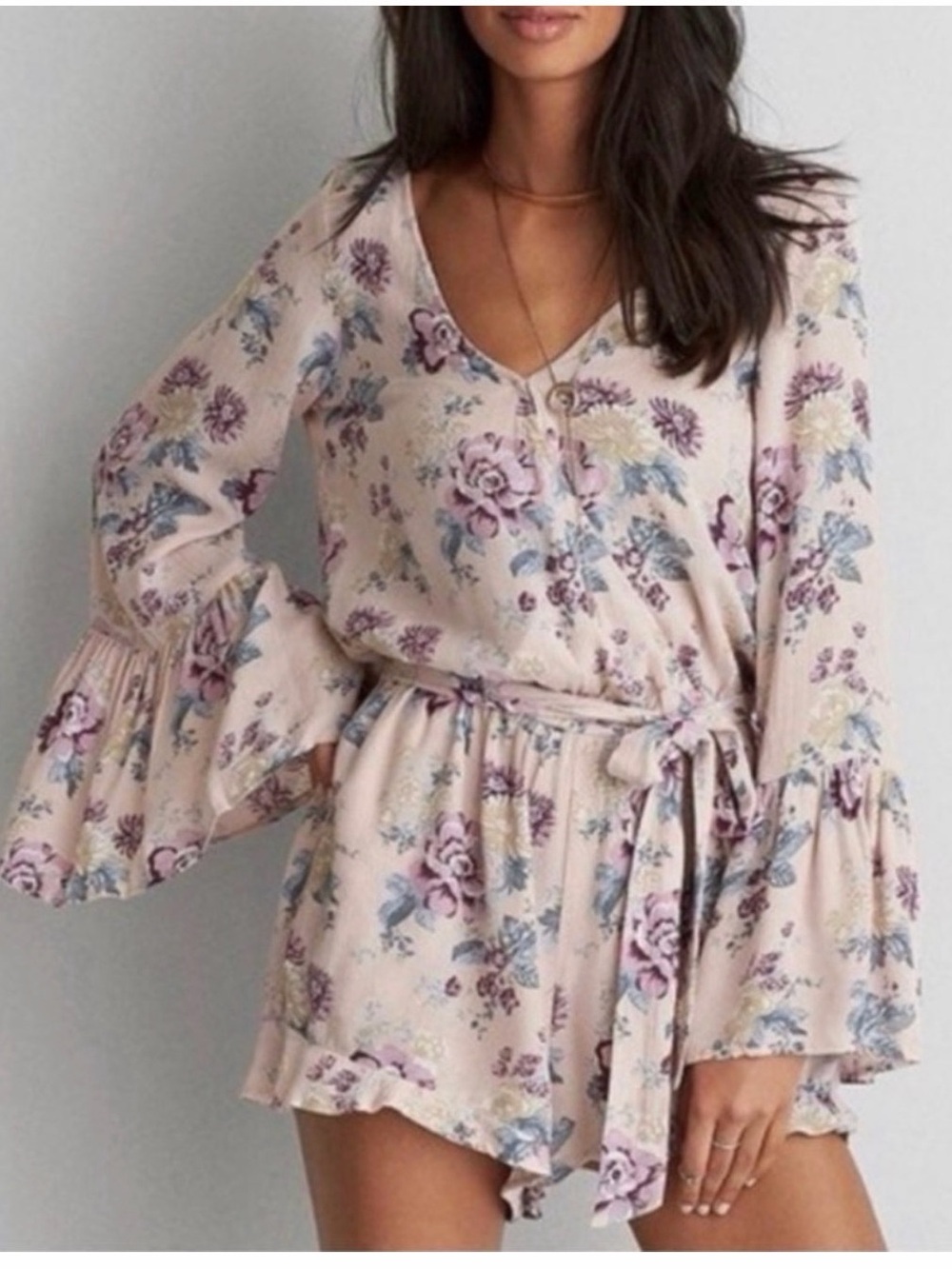 American Eagle Outfitters Pale Pink Floral Wrap Romper with Bell Sleeves
